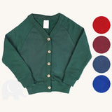 The Eco Outfitters organic cotton school cardigan in bottle green, along with the other colour swatches available.