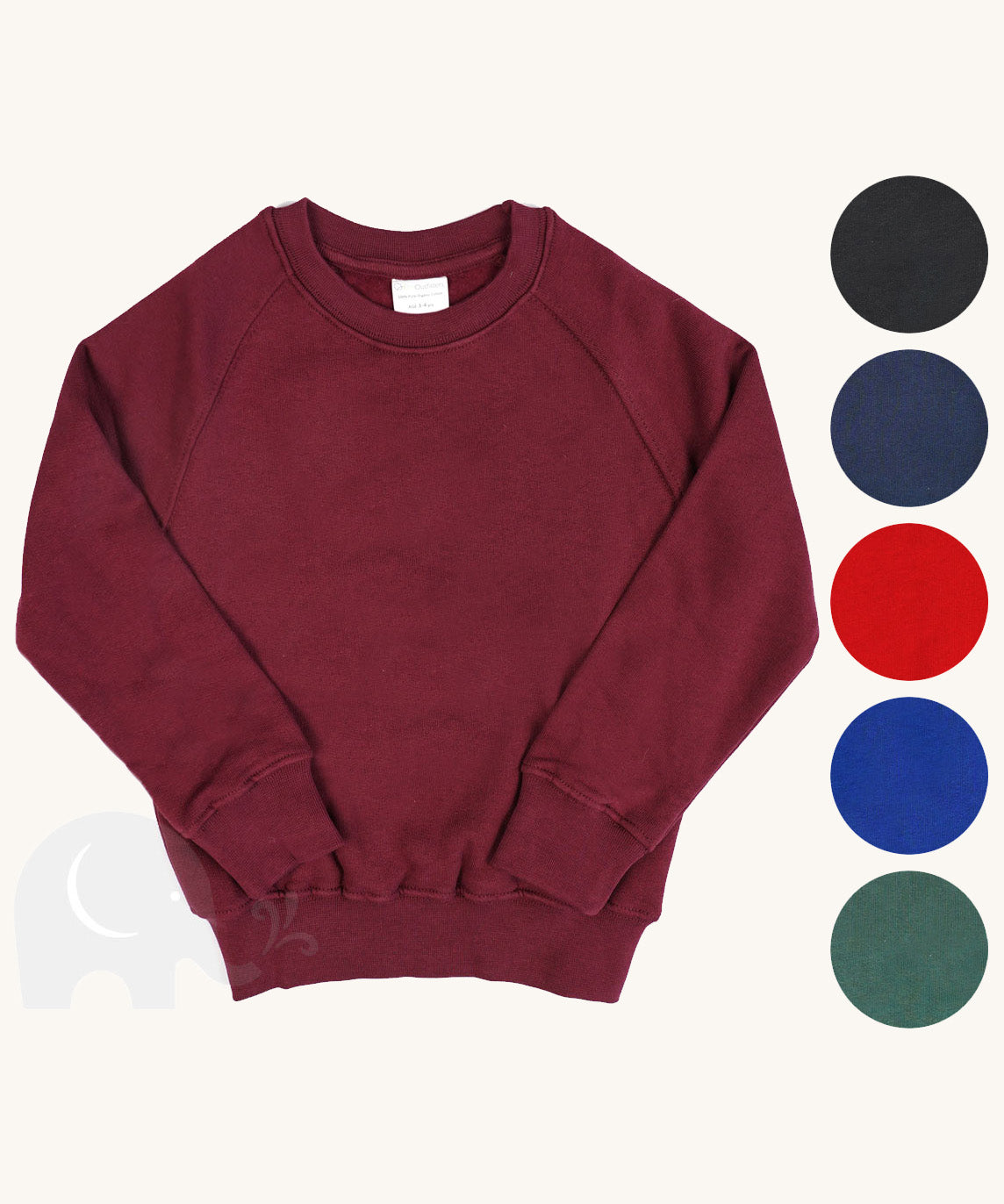 Eco Outfitters school uniform sweatshirt jumper in maroon, with circular colour swatches to showcase the other colours available.