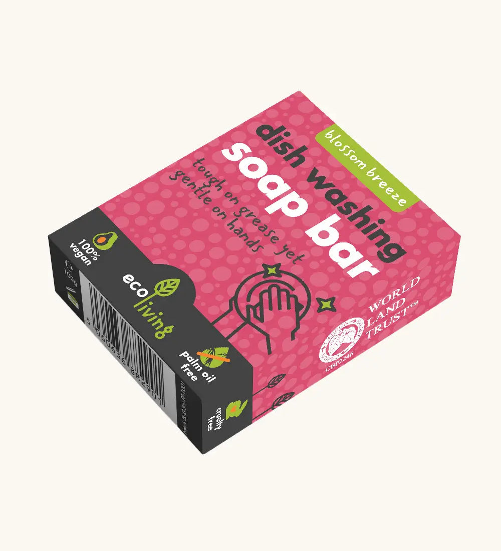 Ecoliving 100% vegan dish washing soap in blossom breeze fragrance in pink branded packaging
