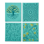 4 Ecoliving green compostable sponge cleaning pads laid out in a square on a white background