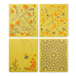 4 yellow Ecoliving compostable sponge cleaning cloths laid out in a square showing the different patterns