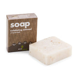 Ecoliving handmade exfoliating oatmeal unscented soap bar on a white background next to its cardboard box