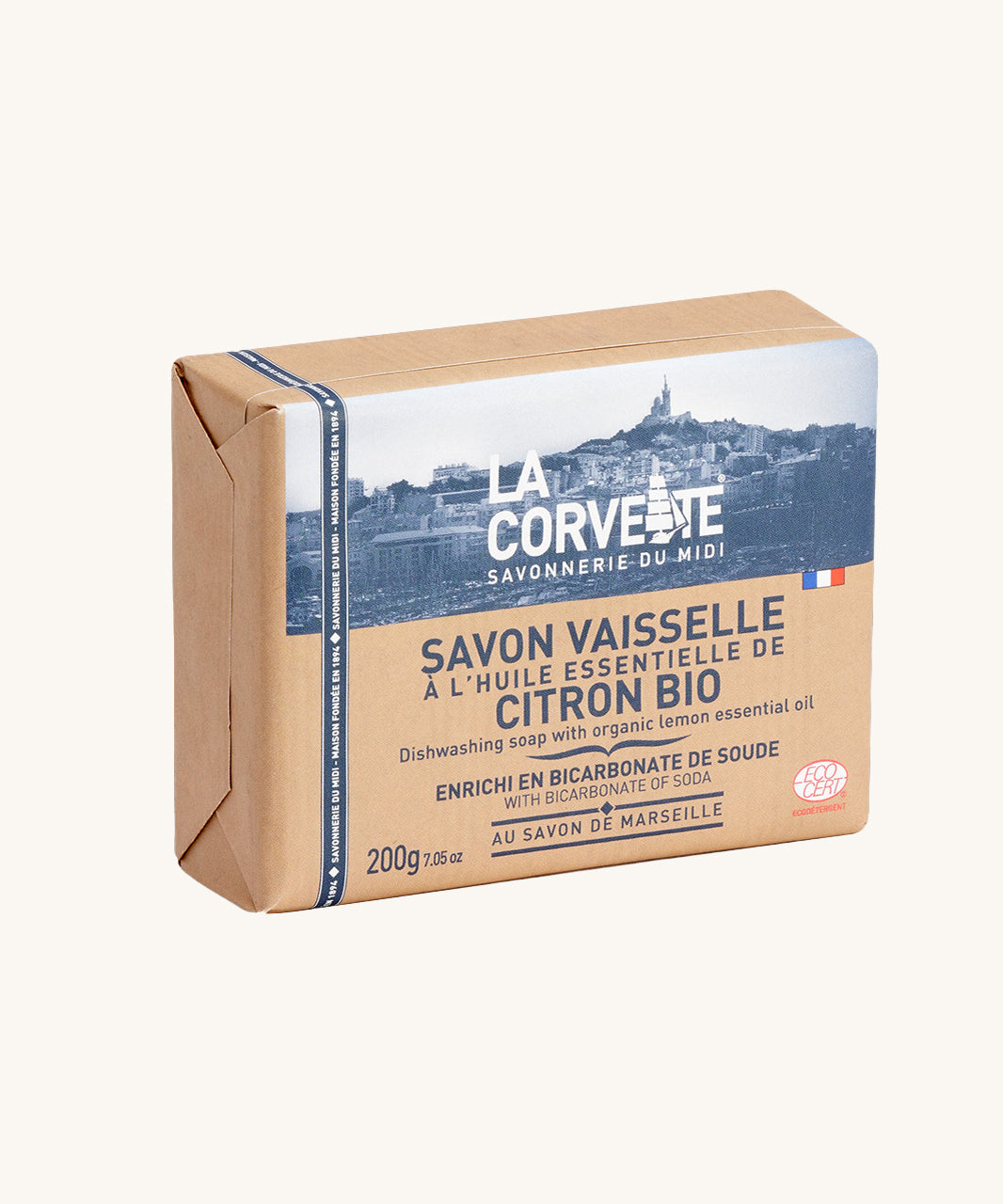 Ecoliving Organic lemon Marseille Household Soap Bar in it's paper packaging. 
