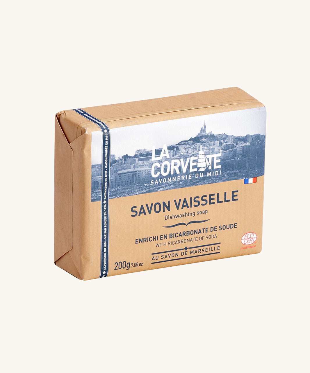 Ecoliving Organic original Marseille Household Soap Bar in it's paper packaging. 