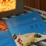 The booklet from the Toverlux EduLux set shown open on the pages about the estuary. The silhouette featuring the coordinating artwork has been placed in a magic lamp in the background. A range of Toverlux silhouettes and lamps are available at Babipur.