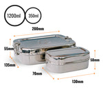 The Elephant Box Jumbo 2-in-1 stainless steel lunch boxes, with measuerments. 
