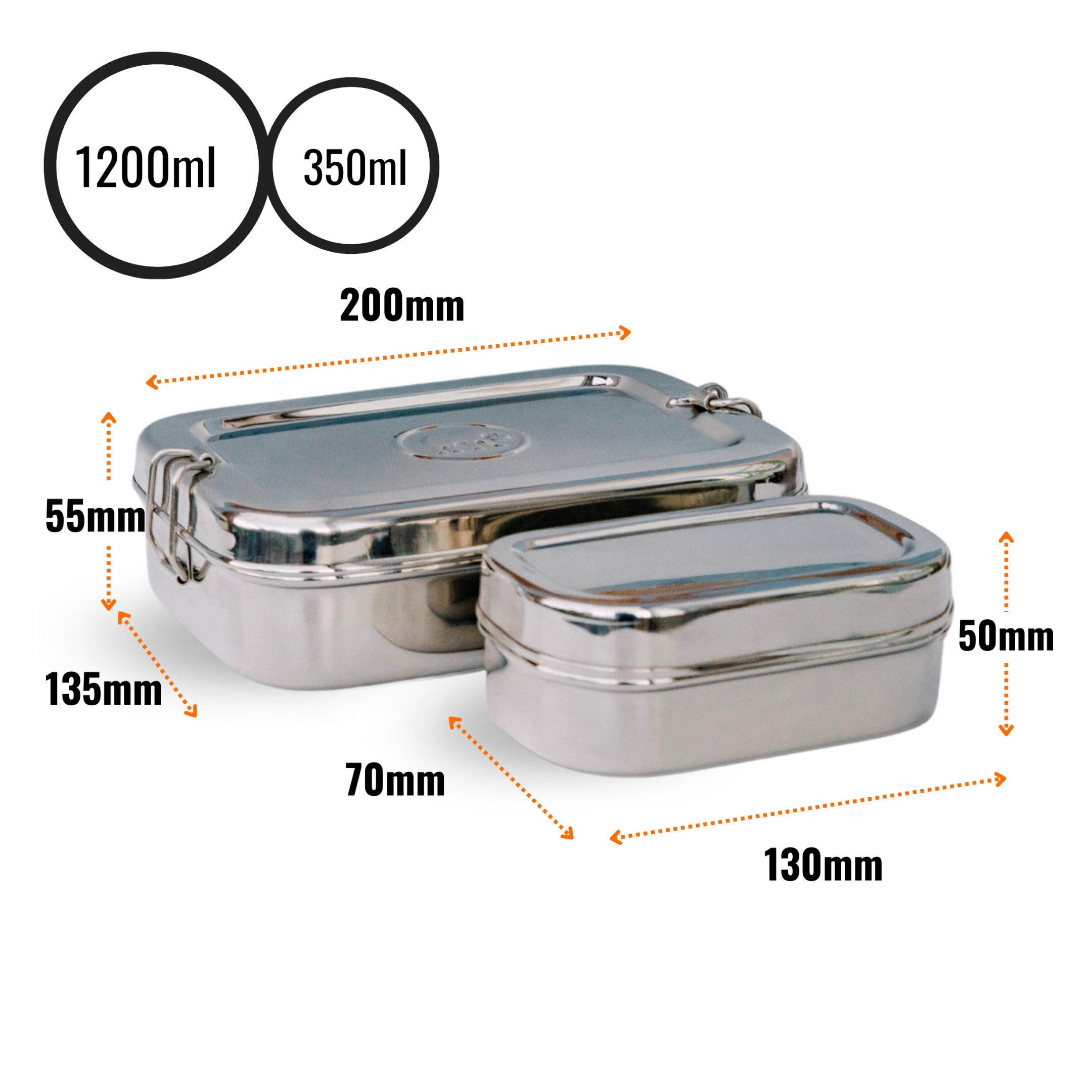 The Elephant Box Jumbo 2-in-1 stainless steel lunch boxes, with measuerments. 
