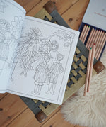 Inside page from the The World of Elsa Beskow: A Vintage Colouring Book. Black and white line art coloring page illustration depicting Christopher's Garden. 