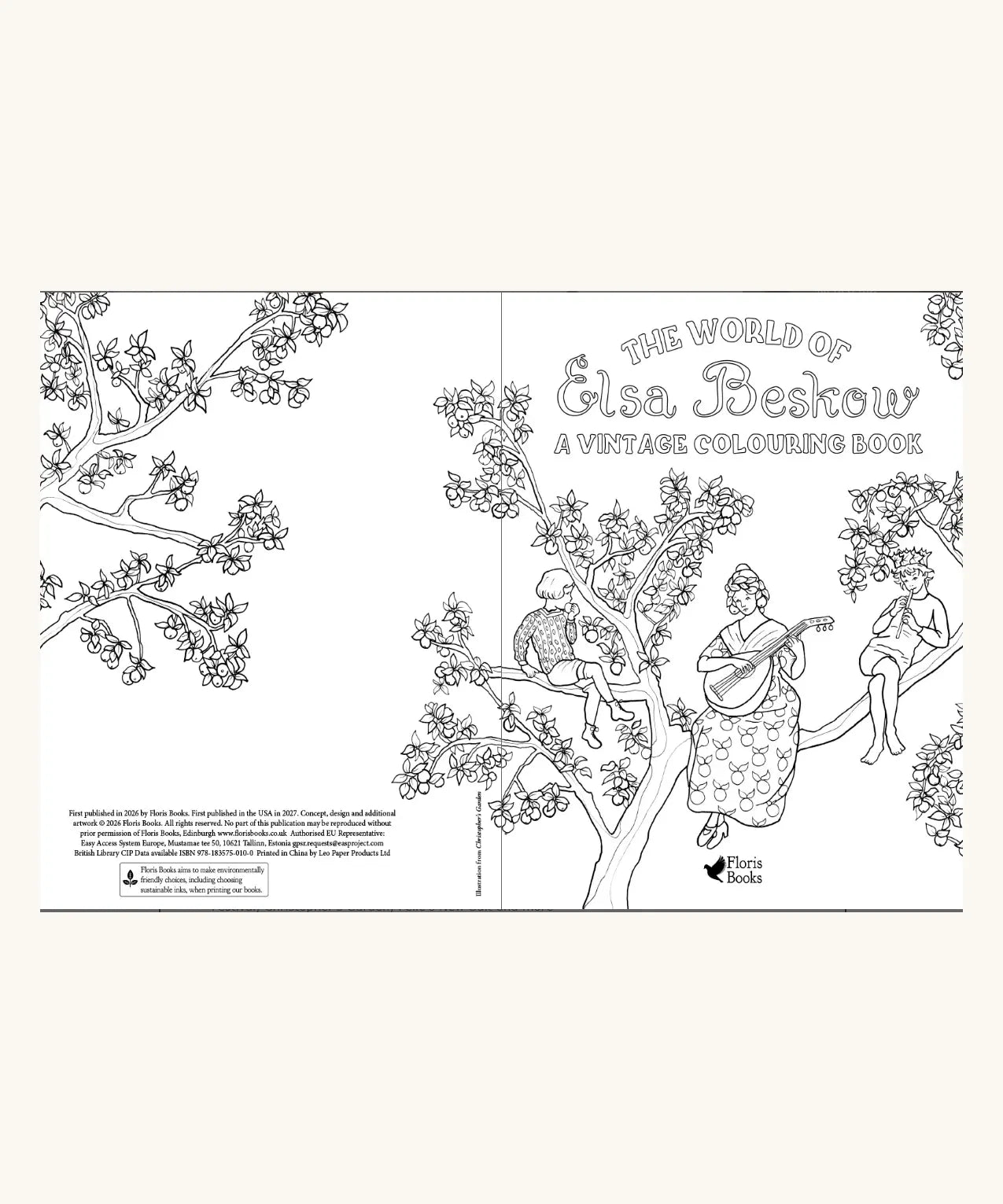 The inside front cover of 'The World of Elsa Beskow: A Vintage Colouring Book'  featuring black and white line art illustrations to colour in.