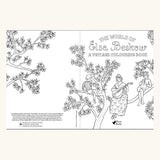 The inside front cover of 'The World of Elsa Beskow: A Vintage Colouring Book'  featuring black and white line art illustrations to colour in.