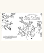 The inside front cover of 'The World of Elsa Beskow: A Vintage Colouring Book'  featuring black and white line art illustrations to colour in.