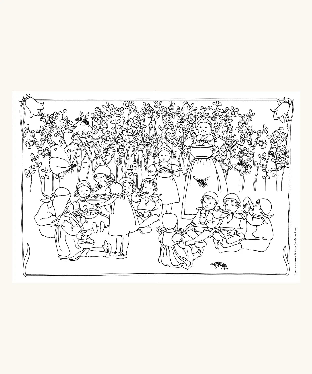 Inside page from the The World of Elsa Beskow: A Vintage Colouring Book. Black and white line art coloring page illustration depicting a group of children having a picnic outdoors among flowers, with bees flying around. 