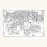 Inside page from the The World of Elsa Beskow: A Vintage Colouring Book. Black and white line art coloring page illustration depicting a group of children having a picnic outdoors among flowers, with bees flying around. 