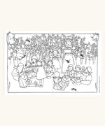 Inside page from the The World of Elsa Beskow: A Vintage Colouring Book. Black and white line art coloring page illustration depicting a group of children having a picnic outdoors among flowers, with bees flying around. 