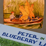 Cose up of the over of Peter in Blueberry Land children's hardback book by Elsa Beskow placed next to a Toverlux lamp with coordinating artwork.