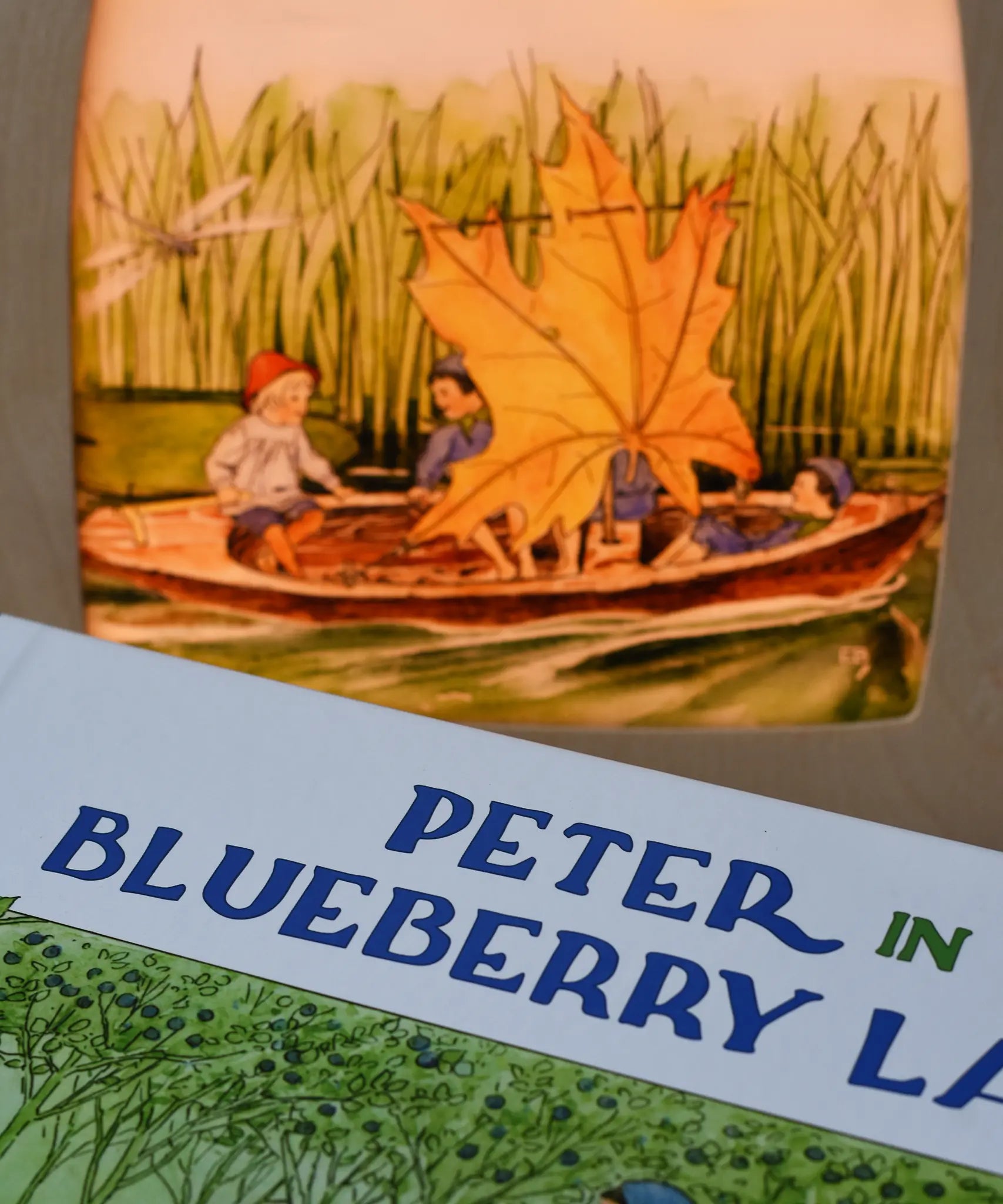 Cose up of the over of Peter in Blueberry Land children's hardback book by Elsa Beskow placed next to a Toverlux lamp with coordinating artwork.