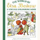 Front cover of 'The World of Elsa Beskow: A Vintage Colouring Book with a green spine band, and an illustrated scene of whimsical children and strawberries with some green, yellow, red, and brown details coloured in.