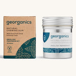 A pot of the Georganics english peppermint chewing gum with the cardboard box