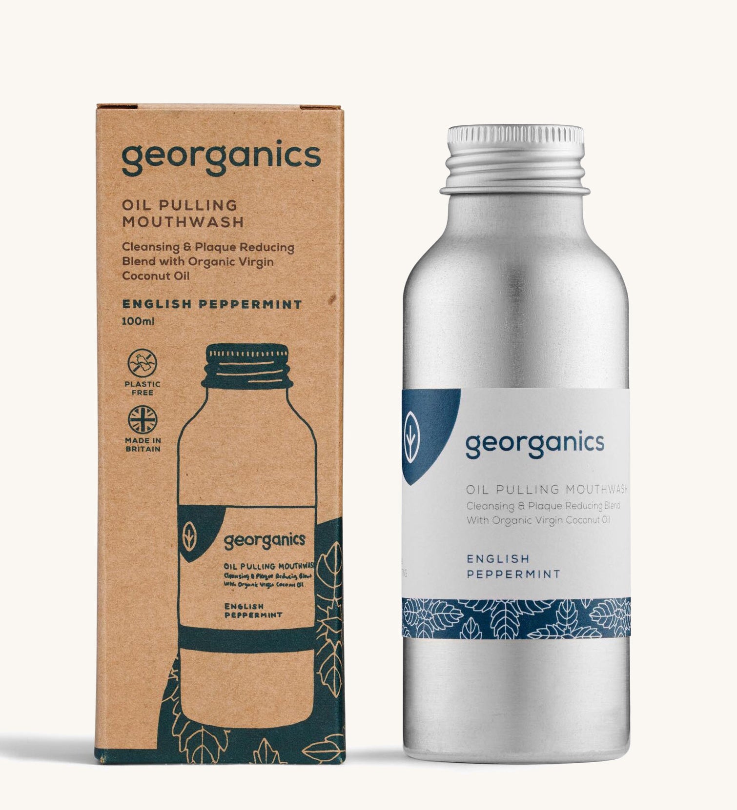 A bottle of the Georganics english peppermint oil pulling mouthwash with the box