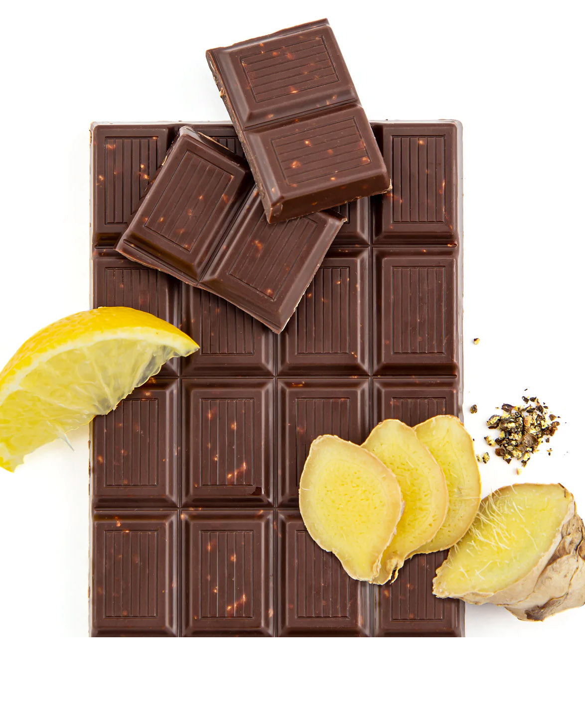equal exchange bar of chocolate with broken pieces and lemon and ginger 