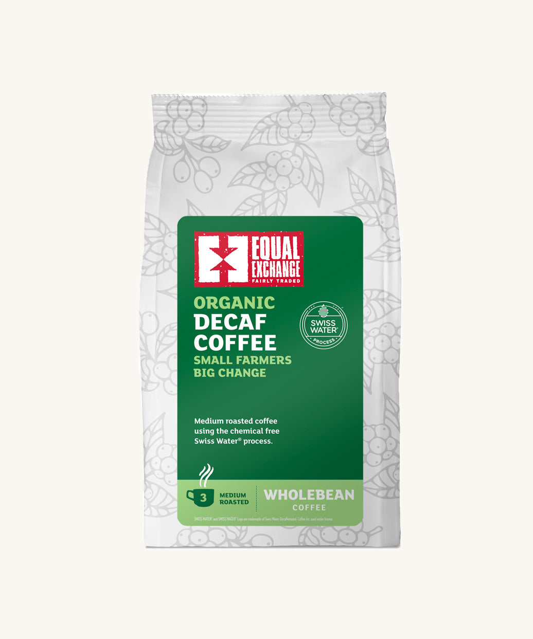 Equal Exchange organic and fairtrade decaf coffee beans, medium roasted, in a white 200g bag.