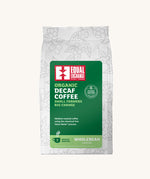 Equal Exchange organic and fairtrade decaf coffee beans, medium roasted, in a white 200g bag.