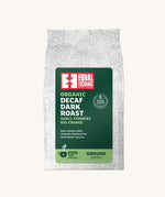 Equal Exchange decaf dark roast ground coffee in a white 200g bag.