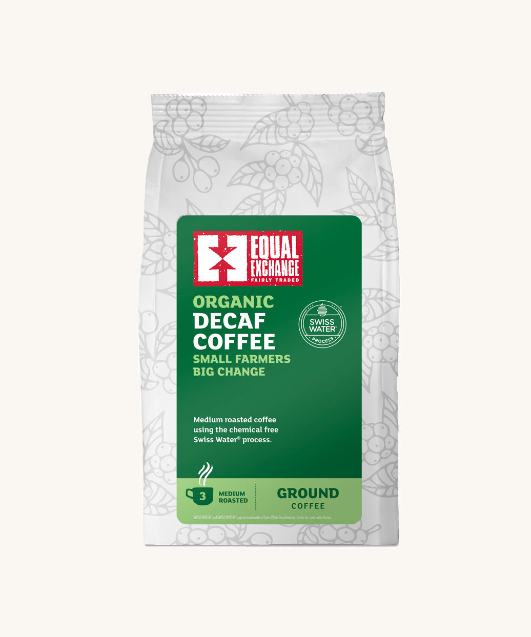 The Equal Exchange organic and fairtrade decaf ground coffee, medium roasted, in a white 200g bag.