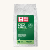The Equal Exchange organic and fairtrade decaf ground coffee, medium roasted, in a white 200g bag.