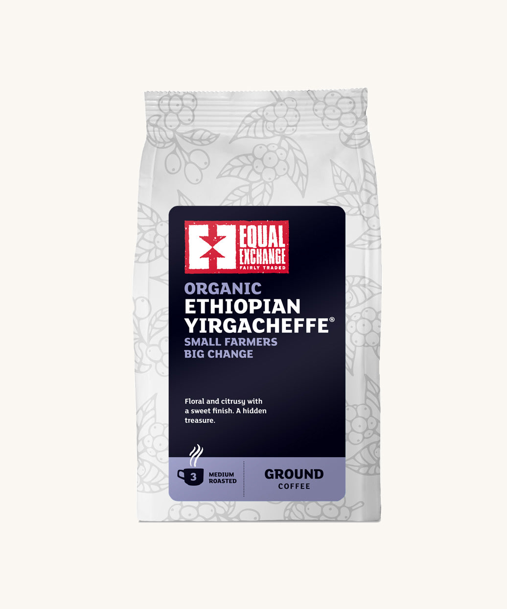 Equal Exchange organic ground Ethiopian Yirgacheffe coffee in a white bag.