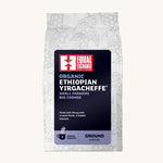Equal Exchange organic ground Ethiopian Yirgacheffe coffee in a white bag.