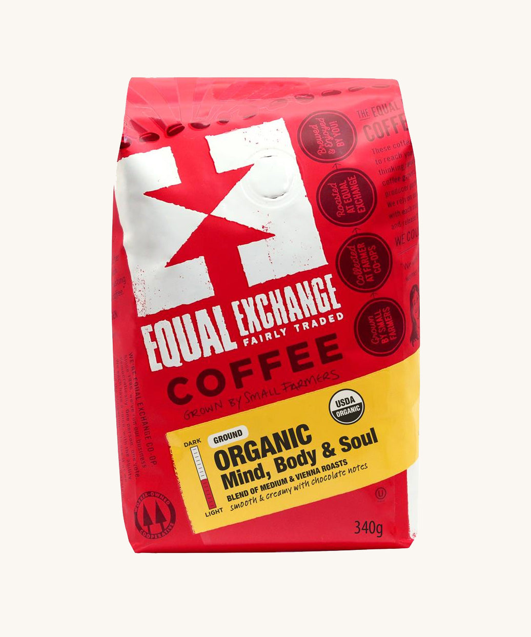 The Equal Exchange organic Mind Body & Soul Blend ground coffee in a red 340g bag.