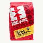 The Equal Exchange organic Mind Body & Soul Blend ground coffee in a red 340g bag.