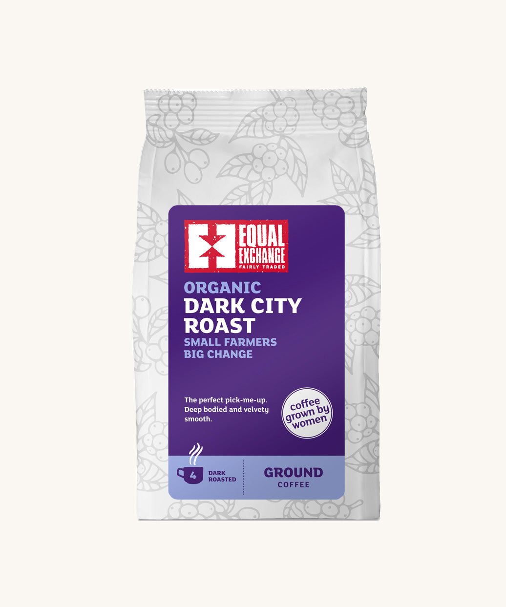 Equal Exchange Dark City Roast organic ground coffee in a white bag.