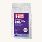 Equal Exchange Dark City Roast organic ground coffee in a white bag.