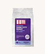 Equal Exchange Dark City Roast organic ground coffee in a white bag.