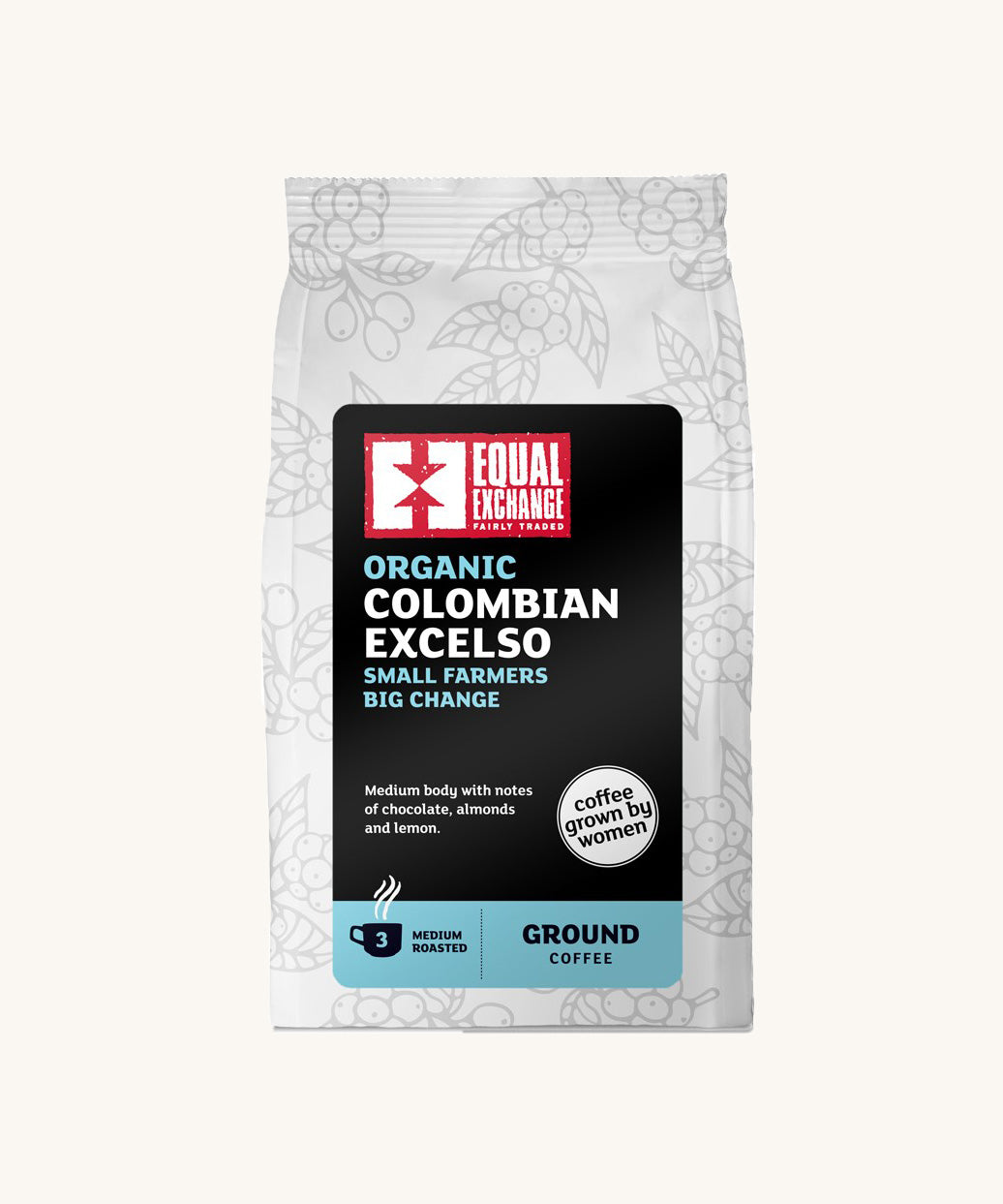 Equal Exchange organic fairtrade Colombian excelso ground coffee in a white 200g bag.