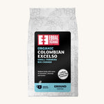 Equal Exchange organic fairtrade Colombian excelso ground coffee in a white 200g bag.