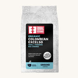 Equal Exchange organic fairtrade Colombian excelso ground coffee in a white 200g bag.