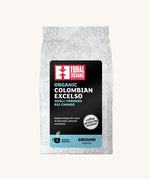 Equal Exchange organic fairtrade Colombian excelso ground coffee in a white 200g bag.