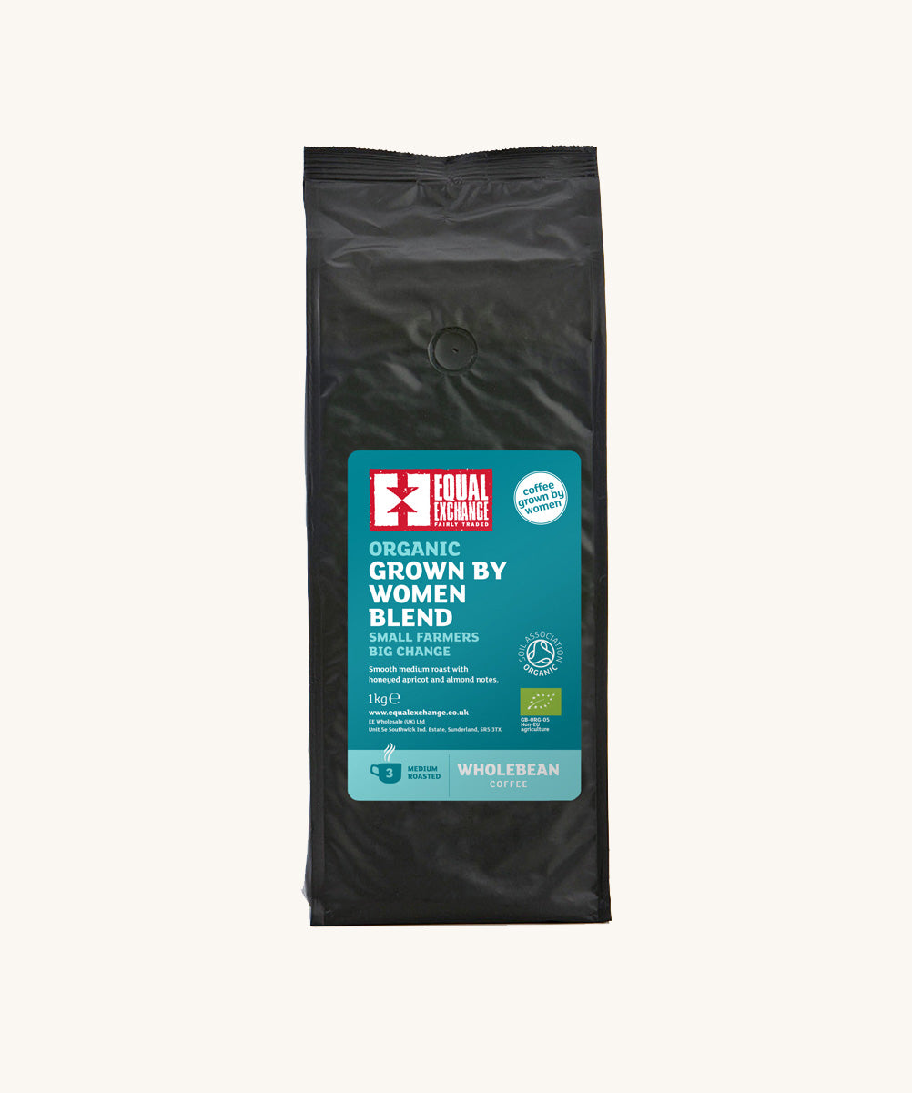 The Equal Exchange organic Grown by Women blend coffee beans, in a 1kg black recyclable packaging bag. 