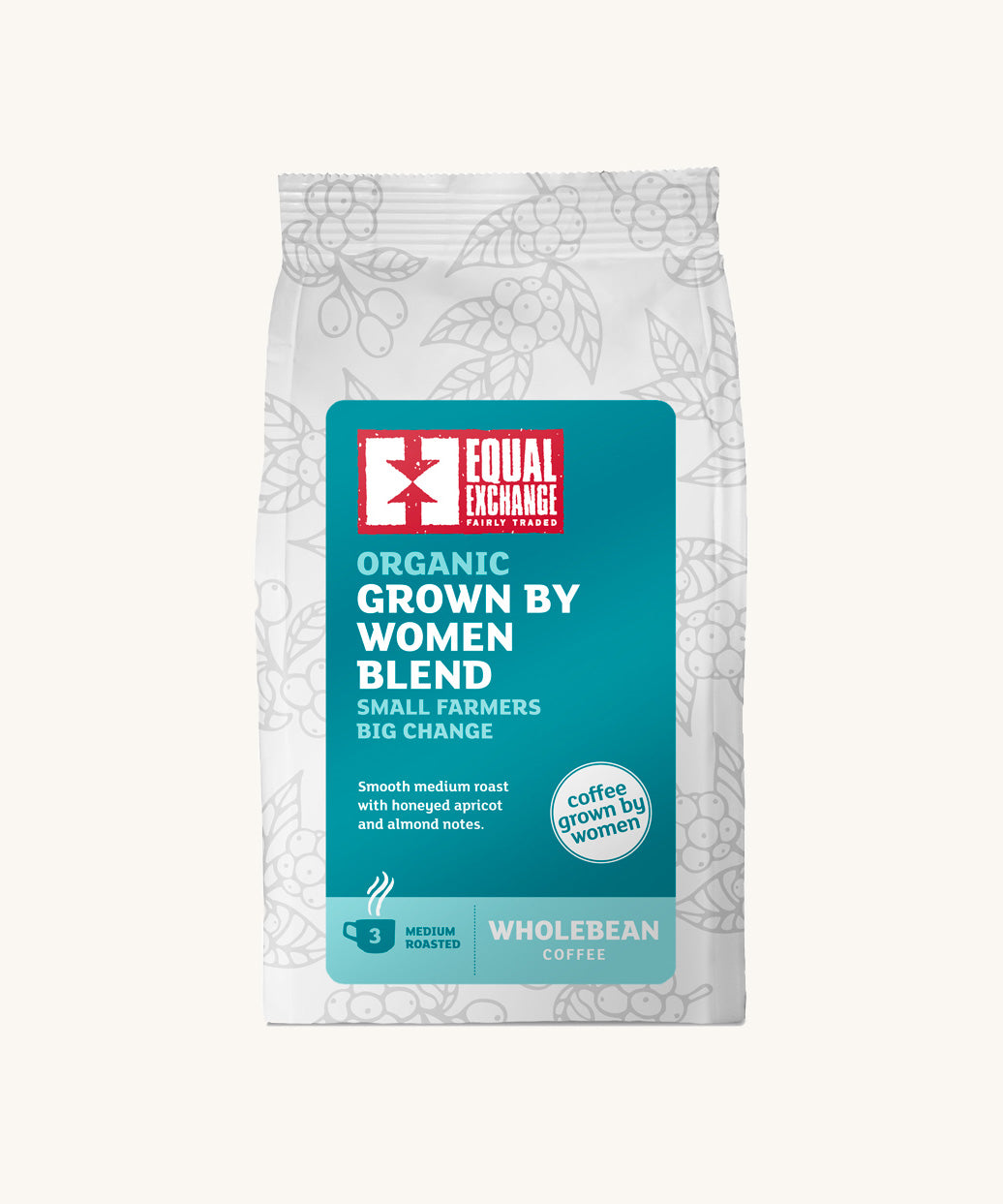 The Equal Exchange organic Grown by Women blend coffee beans, in a 200g white recyclable packaging bag. 