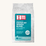 The Equal Exchange organic Grown by Women blend coffee beans, in a 200g white recyclable packaging bag. 