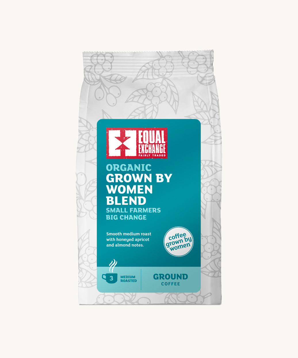 Equal Exchange Grown by Women organic ground coffee in a white bag.