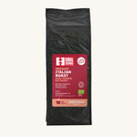 The Equal Exchange very dark roast Italian coffee blend beans in a 1kg black bag.