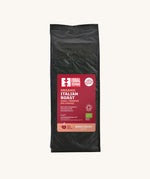 The Equal Exchange very dark roast Italian coffee blend beans in a 1kg black bag.