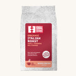 The Equal Exchange very dark roast Italian coffee blend beans in a 200g white bag.