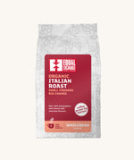 The Equal Exchange very dark roast Italian coffee blend beans in a 200g white bag.