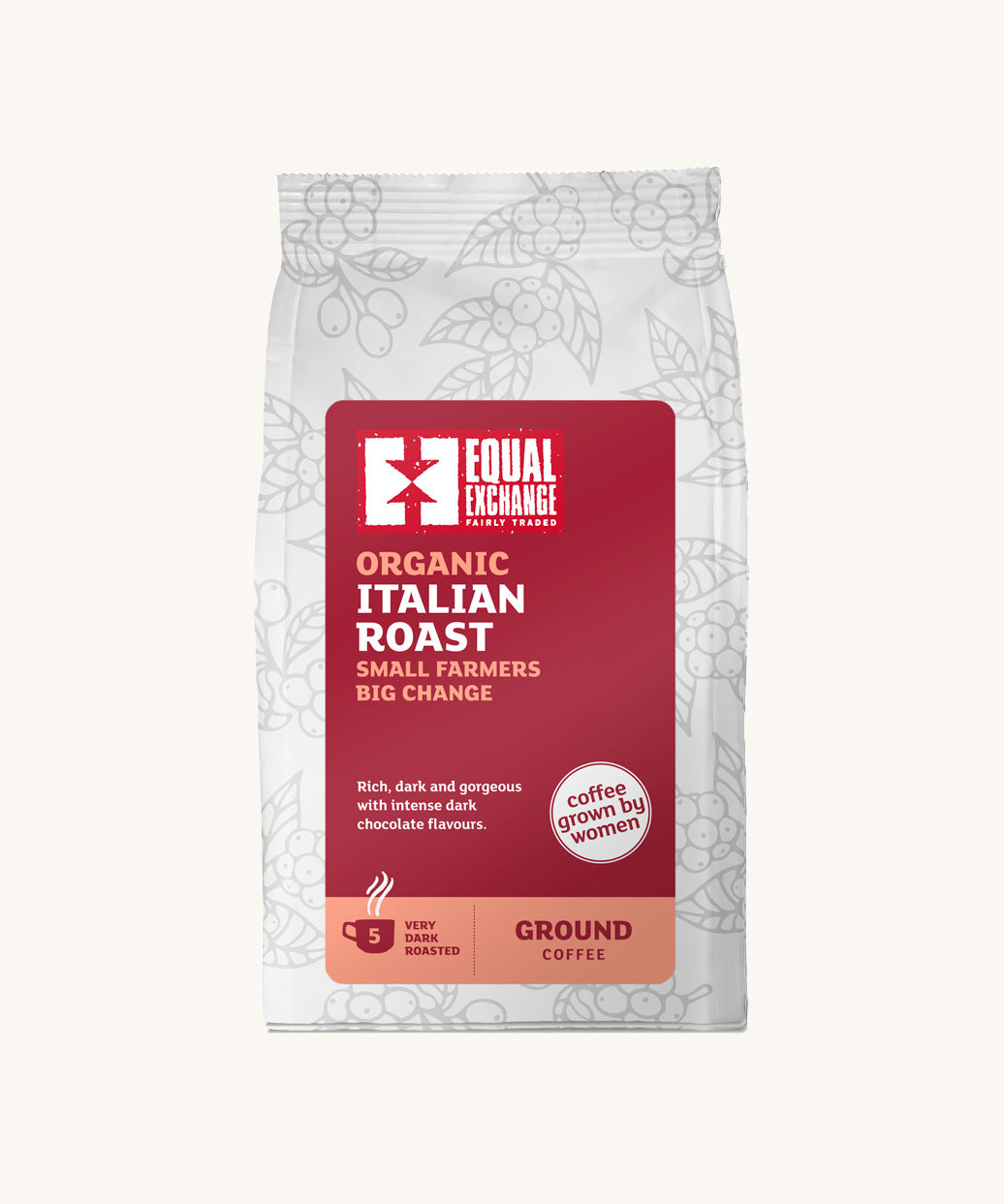 The Equal Exchange Italian Roast organic ground coffee, in a white 200g bag