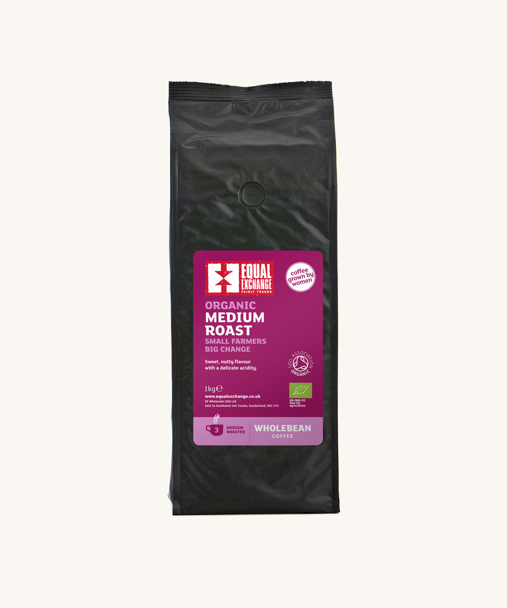 Equal Exchange organic and fairtrade medium roast coffee beans in a black 1kg bag.